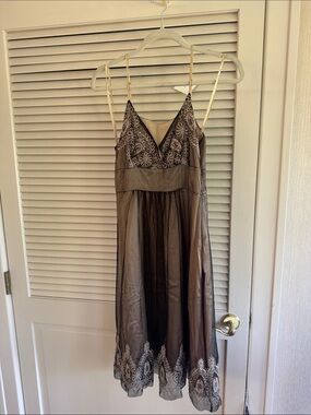 Sleeveless Midi Dress with Embroidered Hem in Brown, size fits US2-4
